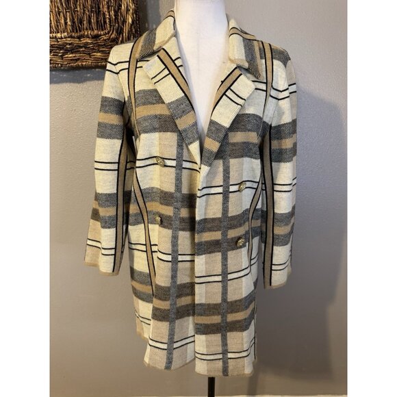 Anne Klein Sweater Jacket Coat Large L Plaid Camel Cream Black Washable - Picture 5 of 15